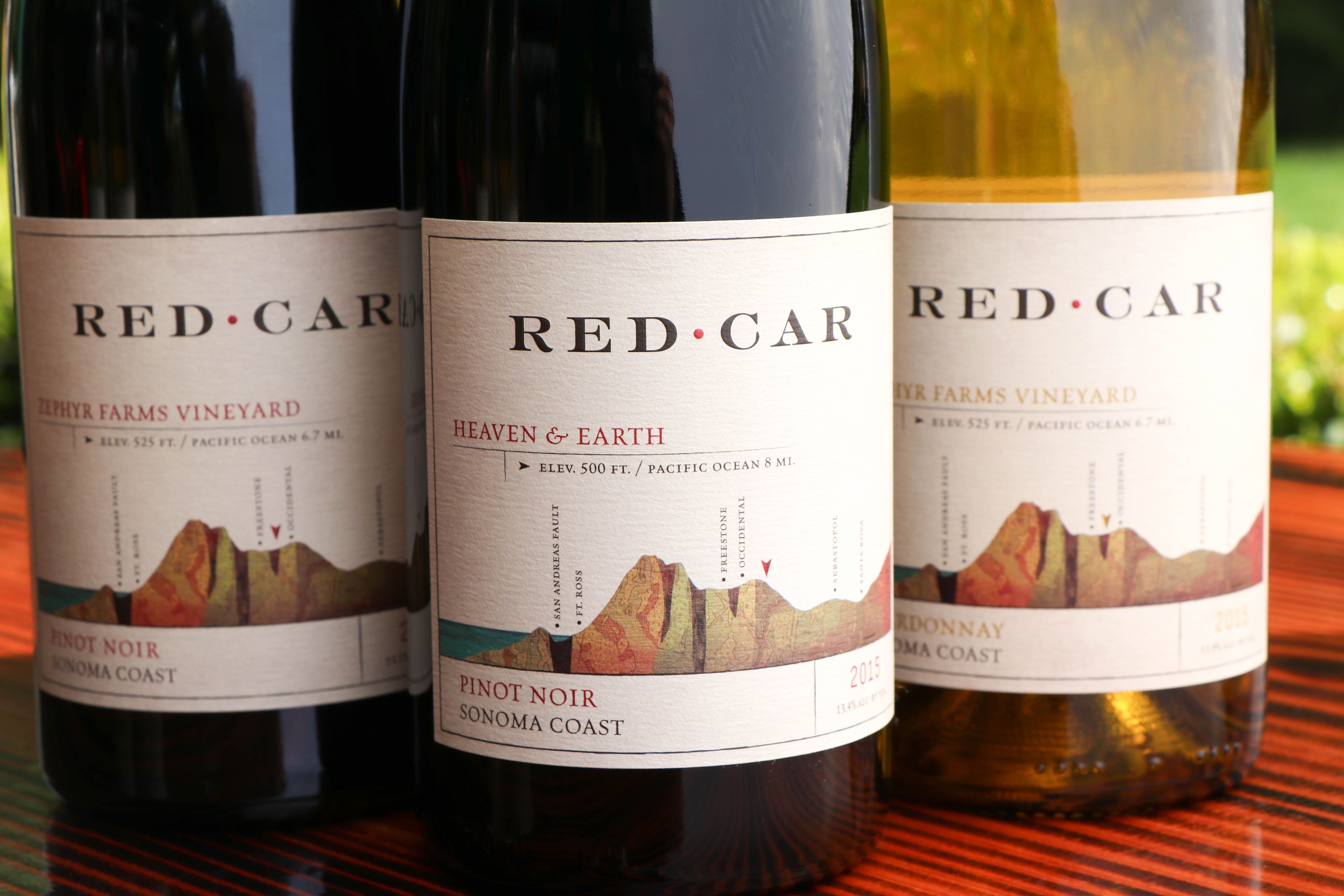 3 bottles lined up of Red Car Wine Heaven & Earth 2015 Wine